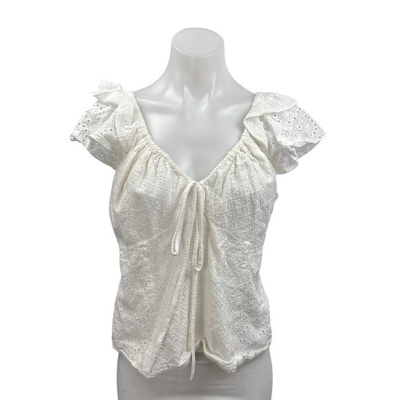 Hill House Women's White Eyelet Embroidered Short Flutter Sleeve Blouse Top XL - Picture 1 of 4